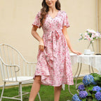 Zuleyka Chic Women's Floral Dress with V Neck and Tailored Tie Belt Silhouette Collection
