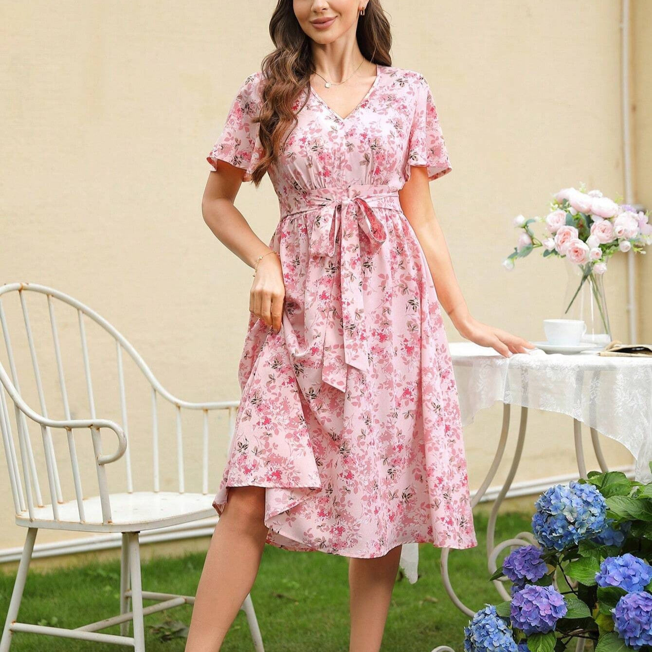 Zuleyka Chic Women's Floral Dress with V Neck and Tailored Tie Belt Silhouette Collection