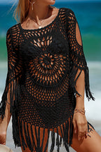 Unique Pattern Knitted Cutout Crew Neck Short Sleeved Cover Up