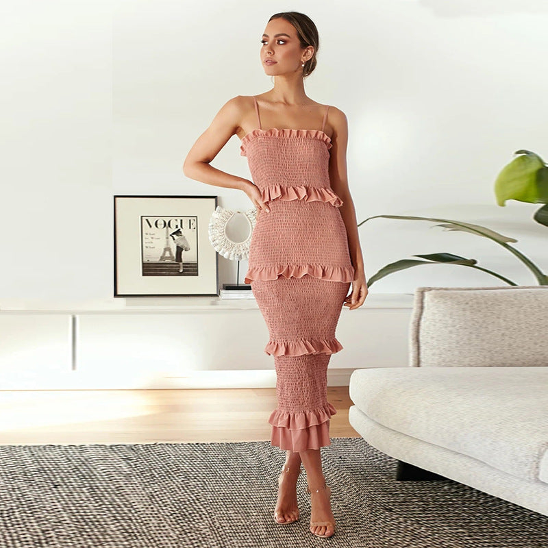 Lina Gingham Smocked Ruffle Midi Dress Pink