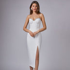 Sleeveless Mid Waist White Solid Color Sling Simple Dress Metal Corsage Annual Party Evening Dress
