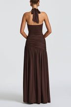 Solid Color Halter Neck Backless Slim Fit Pleated Slit Maxi Dress
