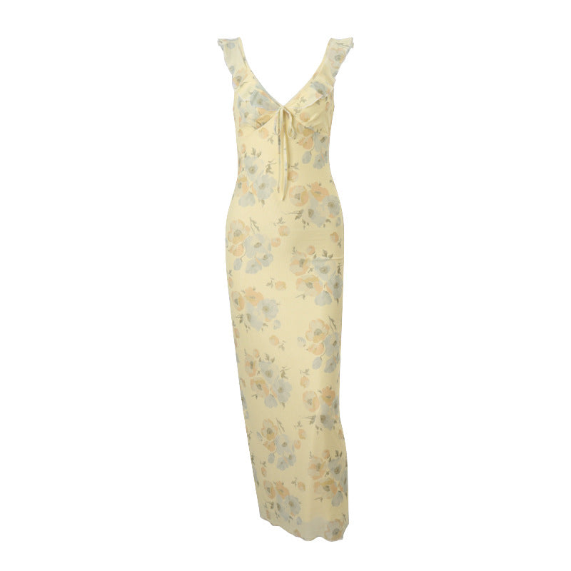 Low Cut Vacation Retro Printed Slim Strap Dress