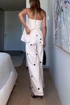 Linen Blend Polka Dot Bandeau Top and Elastic Waist Pocket Wide Leg Pants Set