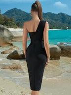 Elegant One Shoulder Bandage One Piece Dress Sleeveless Tight Split Black Evening Dress