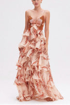 Ariae Butterfly Print Multi-layered Ruffles Backless Tie-up Maxi Dress