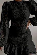 Solid Color Hollow Long-sleeved Waisted Lace Mini Dress