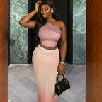 Fresh Cropped Sheath Tight Gradient Color Skirt Set Diagonal Collar Micro Transparent Dress Two Piece Set