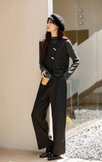 Herringbone Three-Piece Set â€?Vest, Blouse & Wide-Leg Pants