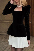 Netta Velvet Square Neck Long Sleeve Back Pearl Detail Pleated Mini Dress