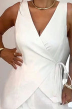 Solid Color Casual Sleeveless V-neck Top and Loose Shorts Set