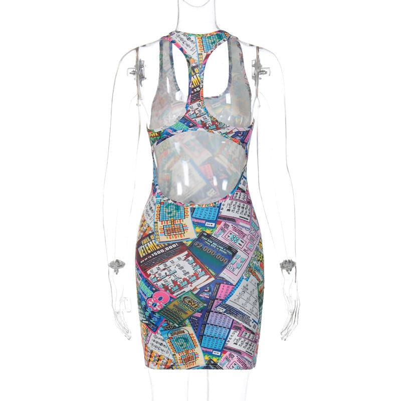 Sleeveless u neck lottery print contrast mini dress
