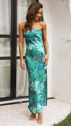 Nina Aesthetic Solid Satin Long Dress with Fold Over Neckline Designer Edit