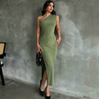 One Shoulder Short Sleeve Asymmetrical Midi Bodycon Dress HB75620