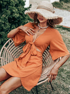 Jenner Linen Blend Tie Front Cutout Midi Dress Orange