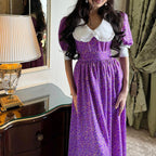 French Peter Pan Collar Short Sleeve Dress Purple Floral Tie Neck Slimming Dress