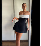 off Shoulder Black White Contrast Color Tight Waist a Swing Design Bow Dress