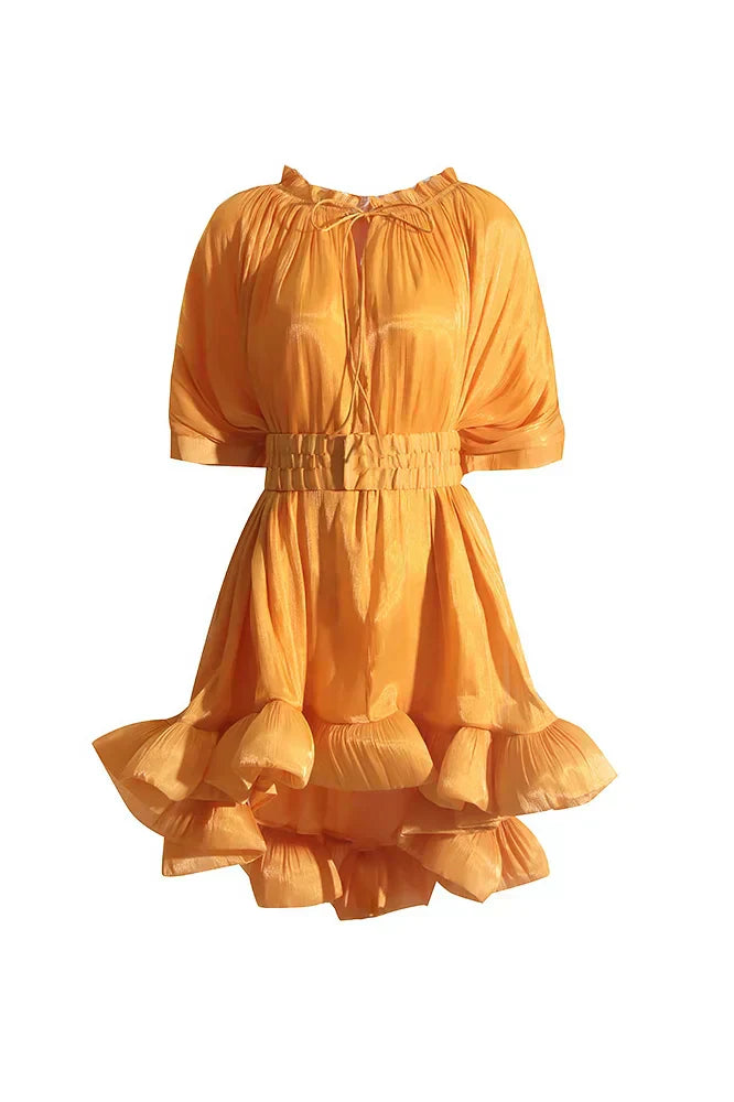 Denisse Statement Mini Dress with Ruffles and Cape Effect Evening Wear Edit