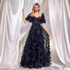 Evening Wear High Grade Floral U Neck Evening Dress Short Sleeve Slim Fit Party Cocktail