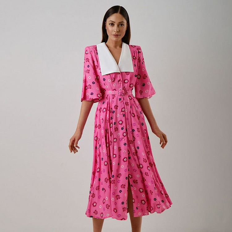 Floral Print Slit Tight Waist A line Dress Elegant Short Sleeve Doll Collar Dress