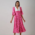 Floral Print Slit Tight Waist A line Dress Elegant Short Sleeve Doll Collar Dress
