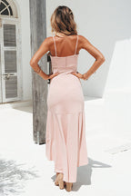 Sunlit Soiree Satin High Low Ruffle Maxi Dress Pink Fresh FINAL