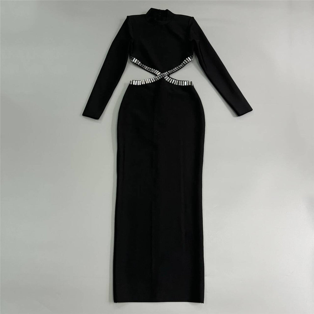 Autumn Sexy Hollow Out Cutout out Rhinestone Slim Fit Long Sleeve Bandage Dress Socialite Elegant Dress