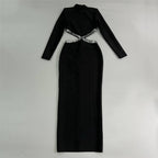 Autumn Sexy Hollow Out Cutout out Rhinestone Slim Fit Long Sleeve Bandage Dress Socialite Elegant Dress
