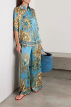 Satin Floral Print Loose Shirt and Elastic Waist Pocket Casual Wide-leg Pants