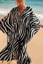 Simple Unique Printed Pleated Front Slit Cover Up