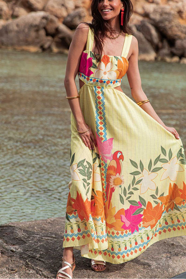 Resort Style Unique Print Sexy Square Neck Backless Waist Maxi Dress