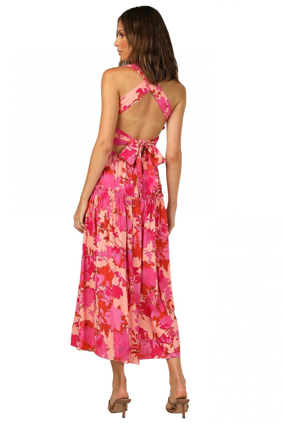 Edris Cotton Floral Tiered Midi Dress Coral Pink