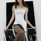 Black Asymmetric Ribbon Strap Tank Top With Ruffle Edge Design