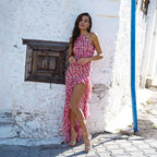 French Small Floral Oblique Shoulder Dress Side Split Tied Dress