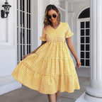 Bonny Pocketed Gingham Tie Front Babydoll Dress Yellow