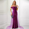 Off Neck Backless Drop Shoulder Dress Mop Mesh Decoration Maxi Dress