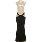 Elegant Pullover Sleeveless round Neck Sequ Color Matching Maxi Dress
