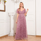 Elegant See through Short Sleeve V neck U Back Evening Dress A line Embroidery Mesh Full Lining Dress