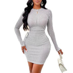 Paula Premium Women's Bodycon Dress with Striped Pattern and Ruffles Elevated Occasion Wear