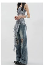 Vintage Distressed And Dirt-Dyed Patchwork Wide-Leg Jeans