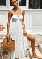 Aurelia Lace Trim Maxi Dress White Smocked Sundress with Adjustable Straps