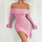 Autumn Winter Women Clothing off Neck Bell Sleeve Sheath Strapless Sexy Dress