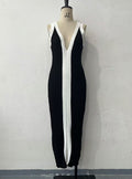 Color Matching Front Back V neck Long Spaghetti Straps Knitted Hepburn Dress Black