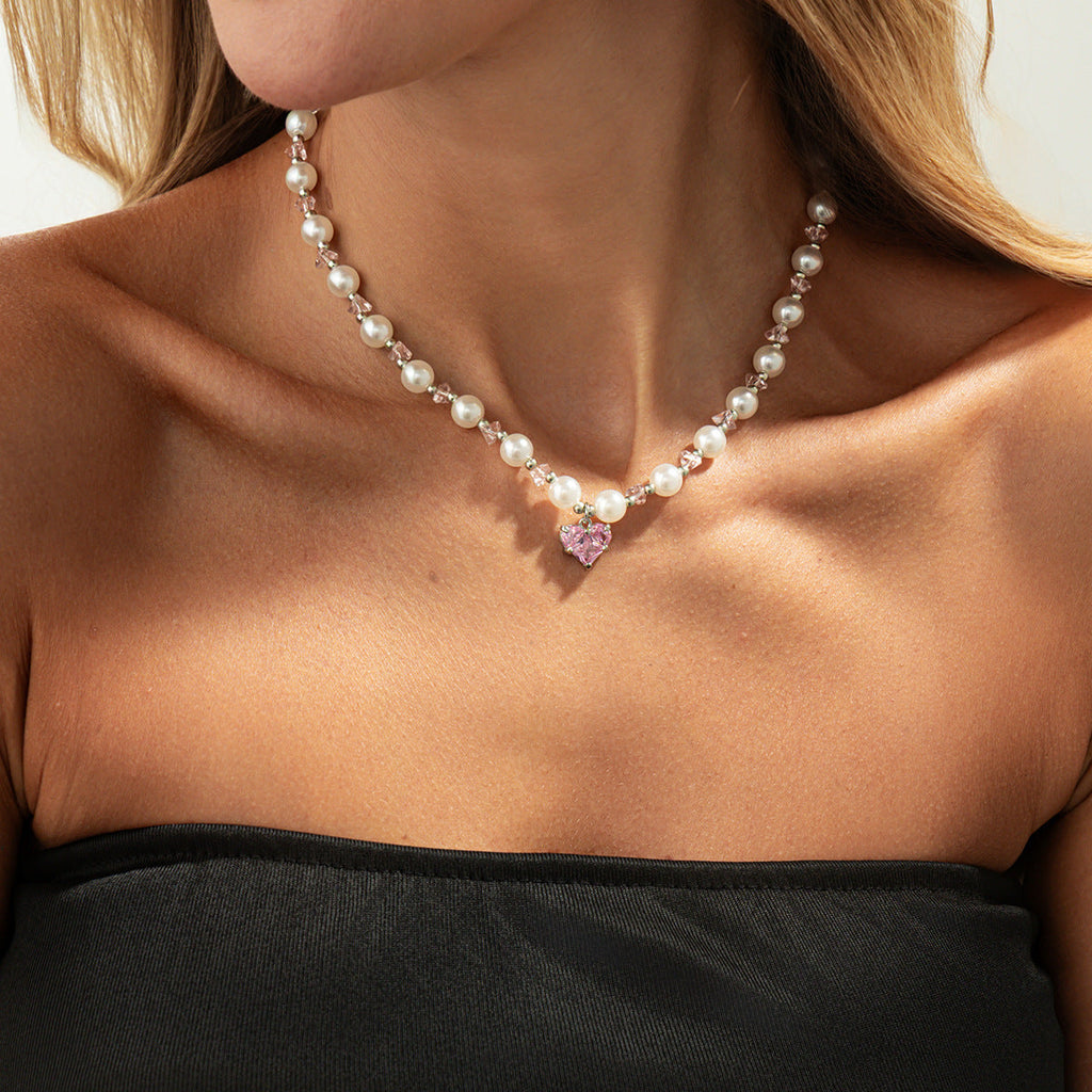 Crystal Heart Pearl Bead Choker Necklace
