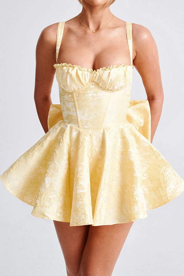 Jacquard Fabric Halter Back Elegant Bow Slim Fit Mini Dress