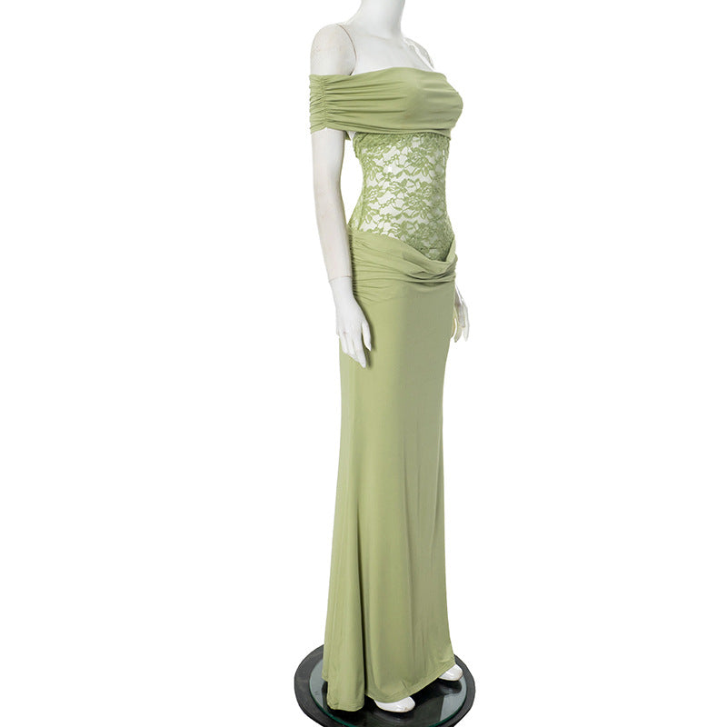 Women's Spring/Summer New Solid Color Off Shoulder Splicing Lace Extra Long Slimming Dress