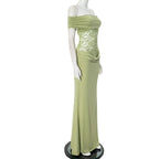 Women's Spring/Summer New Solid Color Off Shoulder Splicing Lace Extra Long Slimming Dress
