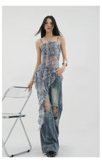 Vintage Distressed And Dirt-Dyed Patchwork Wide-Leg Jeans