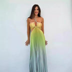 Personalized Gradient Color Halter Pleated Long Dress