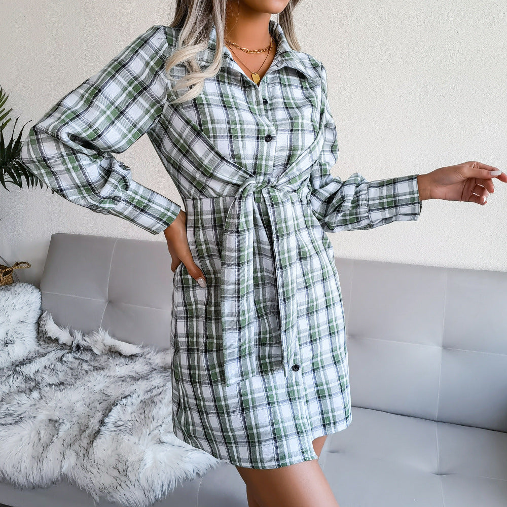 Klay Cotton Plaid Button Down Shirt Dress Green